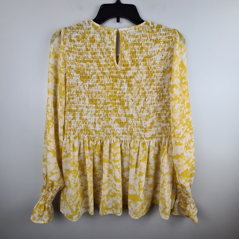 Rose + Olive Yellow White Abstract Smocked Peplum Blouse Long Sleeve Medium - Picture 6 of 8